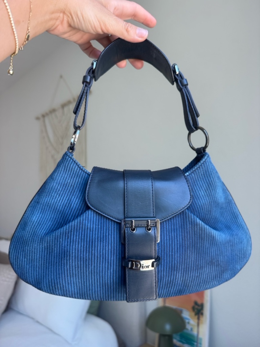 Dior Vintage Blue Corduroy Saddle Shoulder Bag 2005 Rare w/COA - Picture 4 of 16